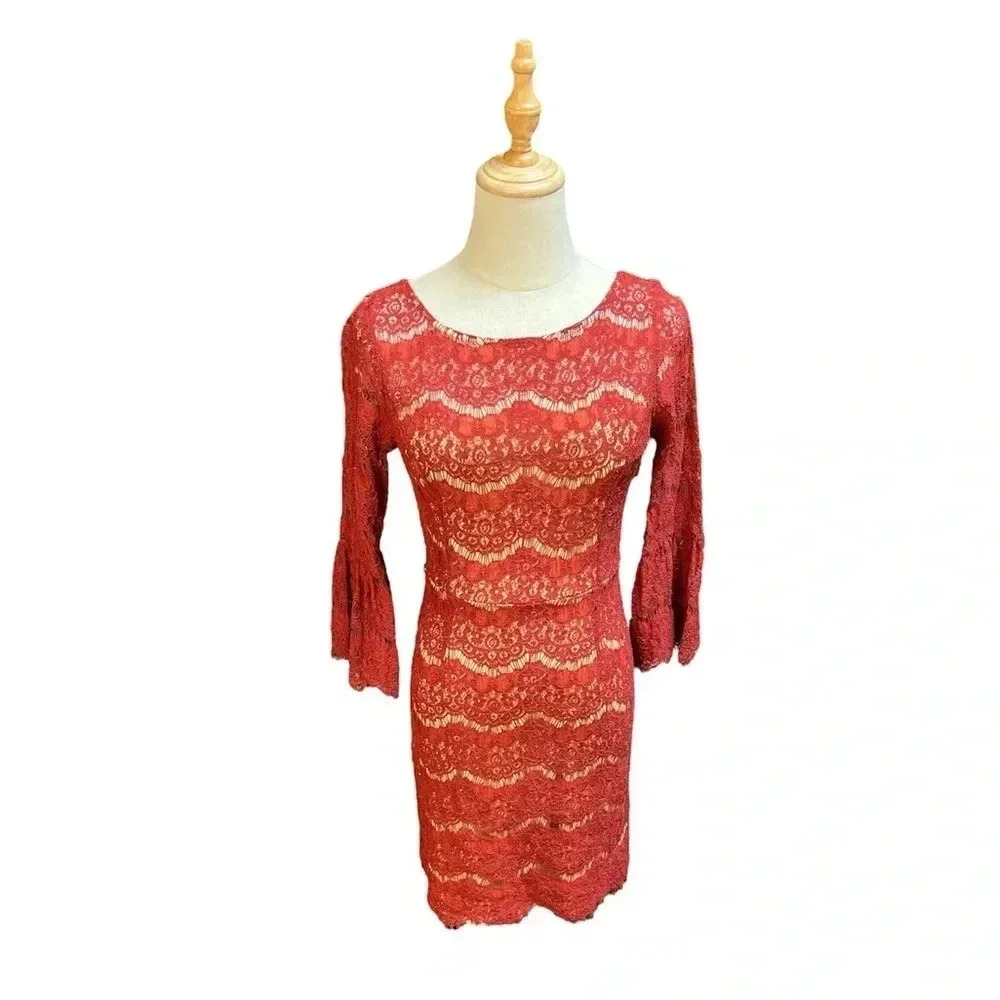 Lulus Heartthrob Rust Red Lace Flounce Sleeve Mini Dress Size S
